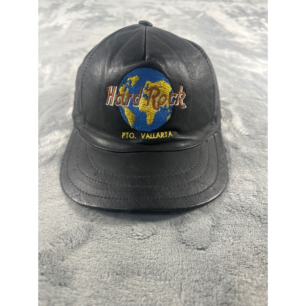 Vintage Hard Rock Cafe Puerto Vallarta Black Leather Snapback Hat Globe Logo